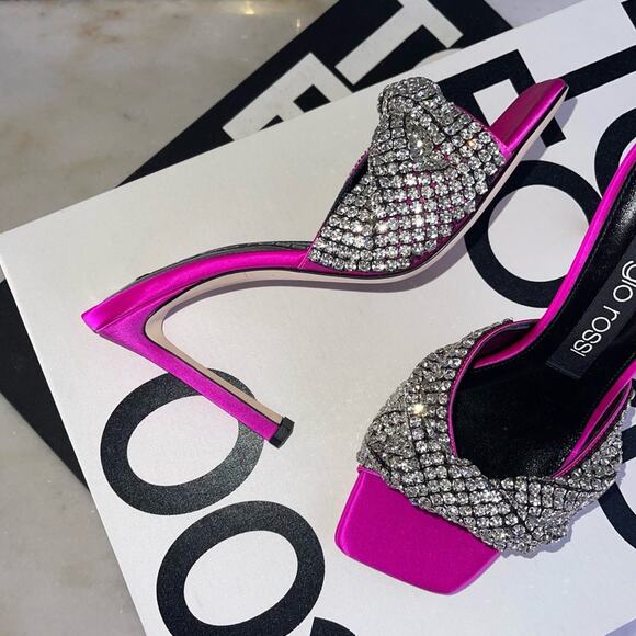 Sergio Rossi 95mm Tyra Embellished Satin Mules in Fuchsia - Picture 4 of 10